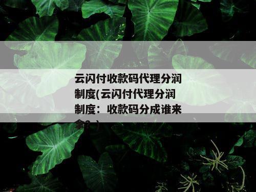 云闪付收款码代理分润制度(云闪付代理分润制度：收款码分成谁来拿？)